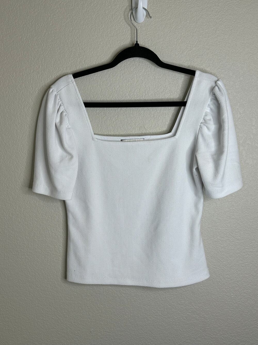 Club Monaco White Ribbed Blouse Short Puff Sleeve Square Neck Stretch Top M - Picture 1 of 6